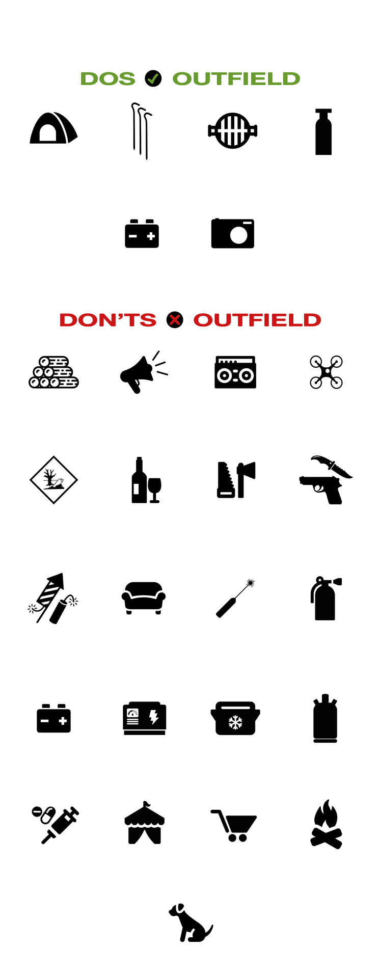 Erlaubte Gegenstände im Outfield:
Zelte, Heringe, Einweggrills und kleine geschlossene Grills, Gaskartuschen bis 450 Gramm, umweltfreundliche Gelbatterien, Einwegkameras, Pocketkameras

Verbotene Gegenstände im Outfield:
Bau- und Brennholz, Megaphone, Musikanlagen, Drohnen, wassergefährdende Stoffe und Flüssigkeiten, Glas, Sägen, Äxte, Beile und vergleichbare Werkzeuge, Schusswaffen, Hiebwaffen, Stichwaffen und sonstige Waffen aller Art, pyrotechnische Gegenstände aller Art, Möbel und als Sperrmüll identifizierbare Gegenstände, Laserpointer, Feuerlöscher, Säurebatterien, Stromaggregate, Trockeneis, Gaskartuschen über 450 Gramm, Drogen, Fest- und Partyzelte, Großraumzelte, Einkaufswagen, offenes Feuer, Tiere