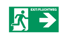 Die Banner für Exit/Fluchtwege sind grün mit einer rennenden Person aus einer Türe und einem Pfeil nach rechts.